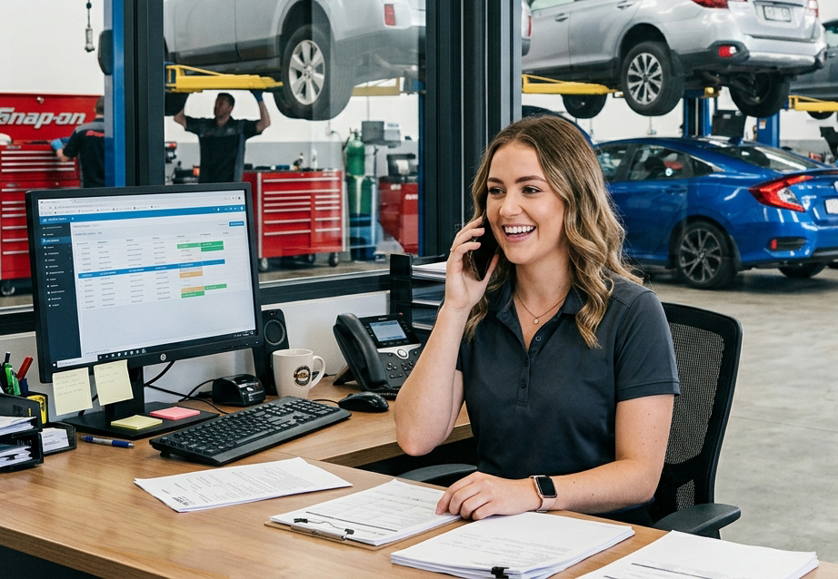 A service advisor on the phone at the counter while the customer record is open on the screen beside her