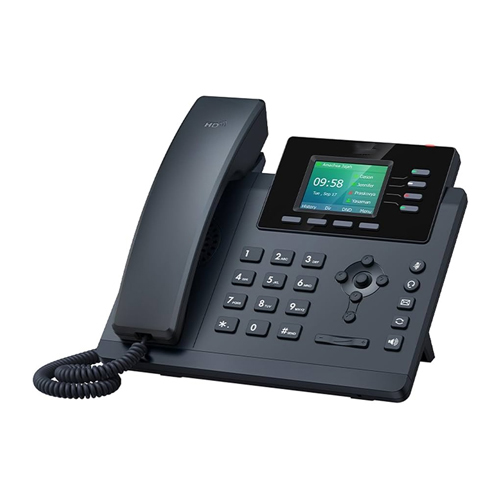 A fixed IP desk phone with a color screen and corded handset